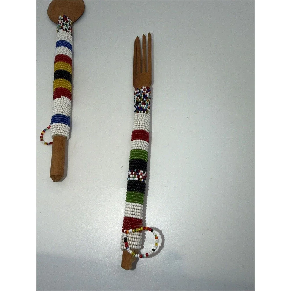 Native American Tribal Salad Spoon Fork With Seed Bead Handmade Rare Wooden